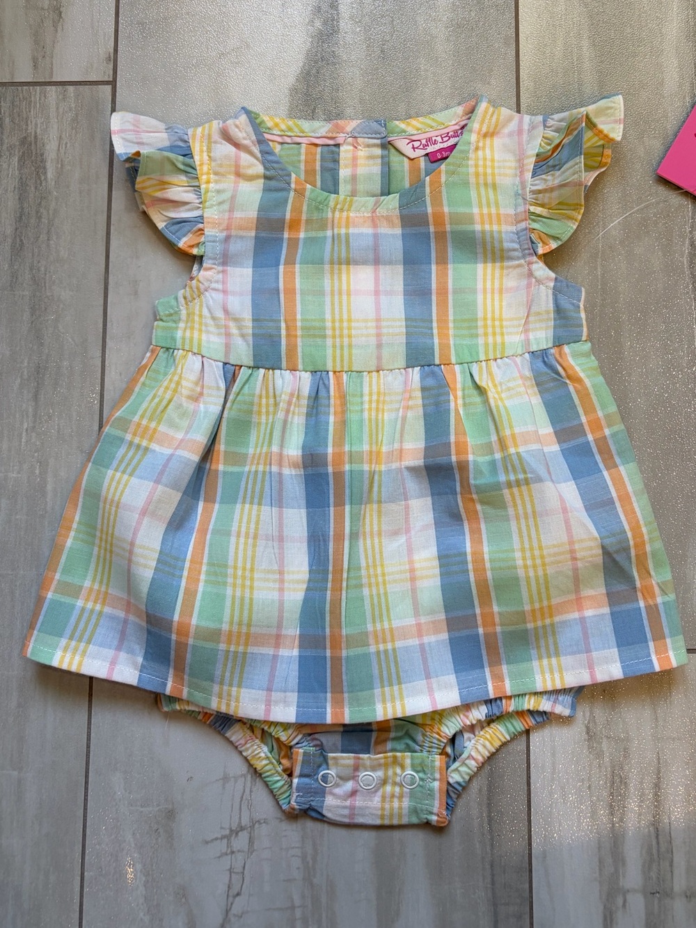 NWT RuffleButts Colorful Pastel Rainbow Plaid Skirted Romper Dress Girls 0-3M